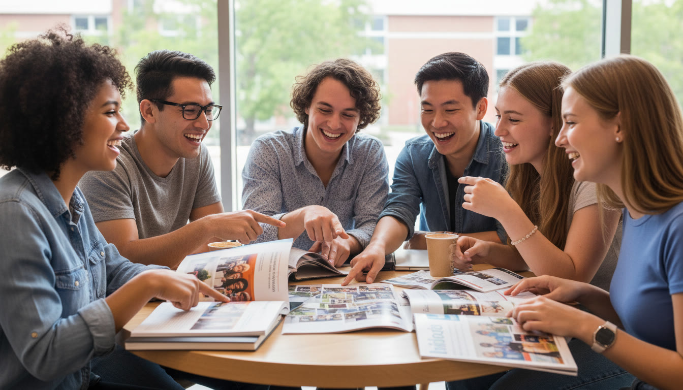 Photo Idea : A small circle of diverse IB students comparing college brochures at a table, smiling and pointing