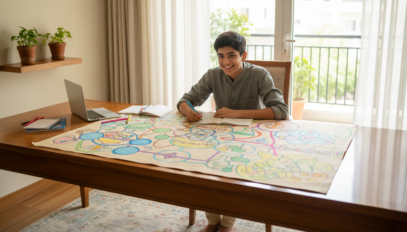 Photo Idea : Student at desk creating a colorful concept map connecting Physics, Chemistry, Biology