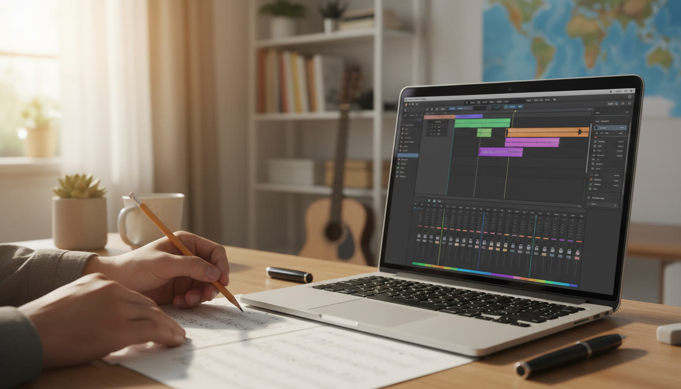 Photo Idea : close-up of hands composing music notes on a manuscript beside a laptop with a DAW open
