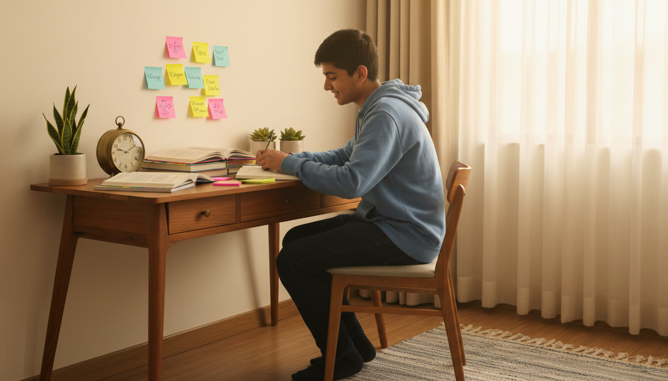 Photo Idea : A focused student at a desk with textbooks, a clock, and sticky notes for revision