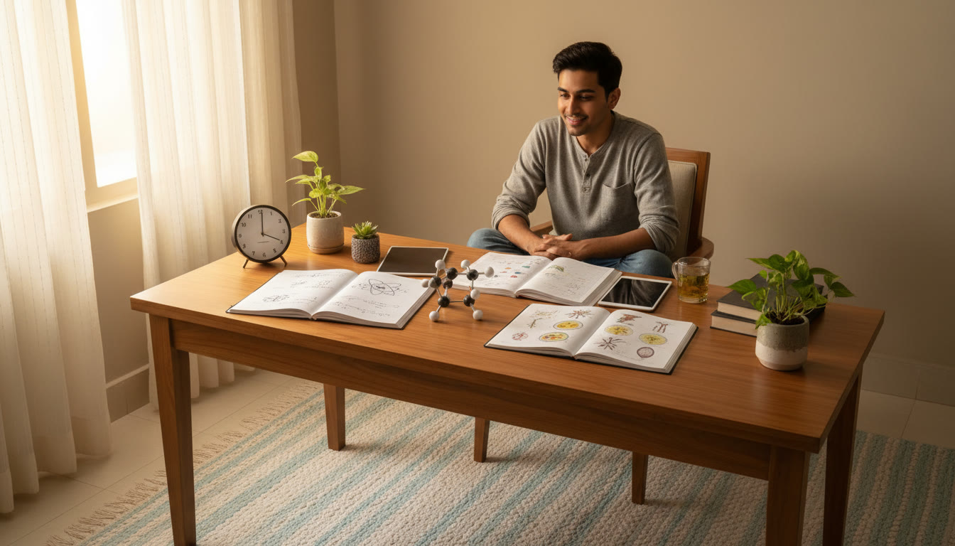 Photo Idea : A focused student at a tidy desk early morning, open notebooks for Physics, Chemistry, and Biology, and a clock showing an early hour