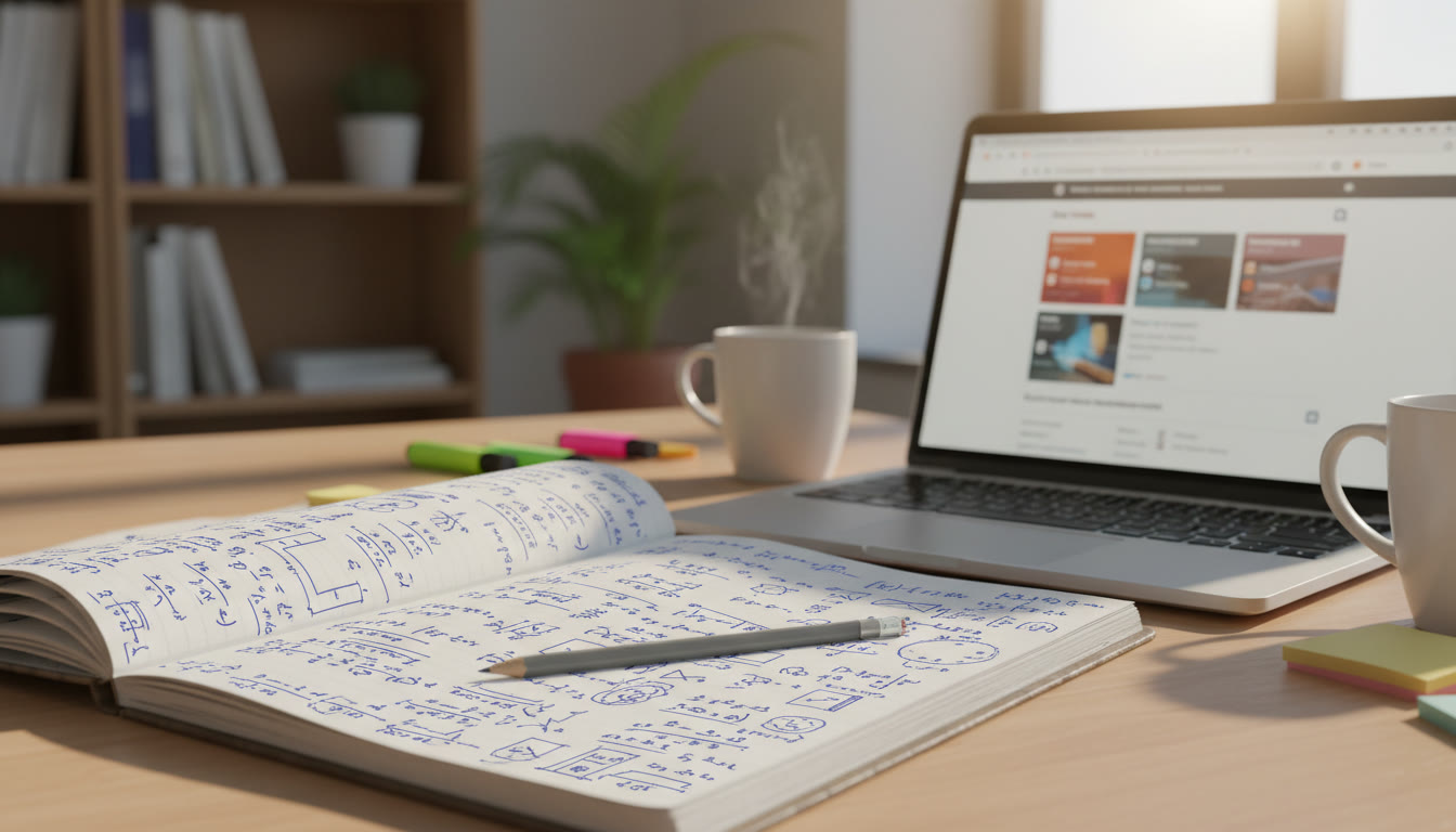 Photo Idea : Close-up of handwritten IA notes and a laptop showing a university course page