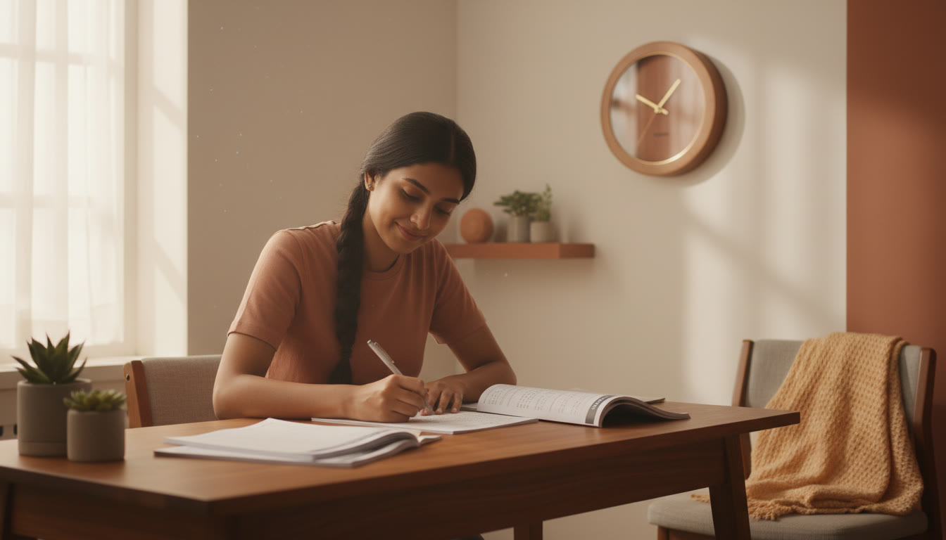 Photo Idea : Student taking a timed mock test with a wall clock visible and answer sheets