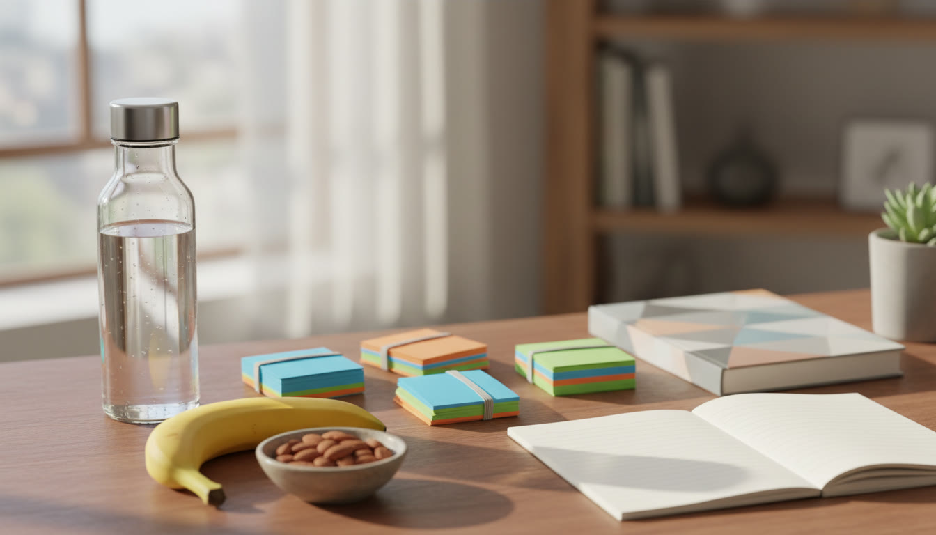 Photo Idea : Close-up of a desk with a water bottle, banana, almonds, and neatly stacked flashcards
