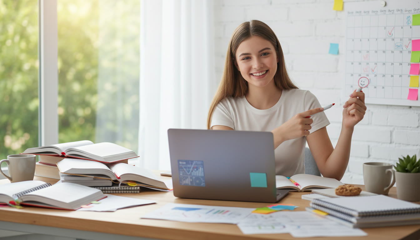 Photo Idea : Student at a desk surrounded by IB notes and a laptop, marking milestones on a calendar