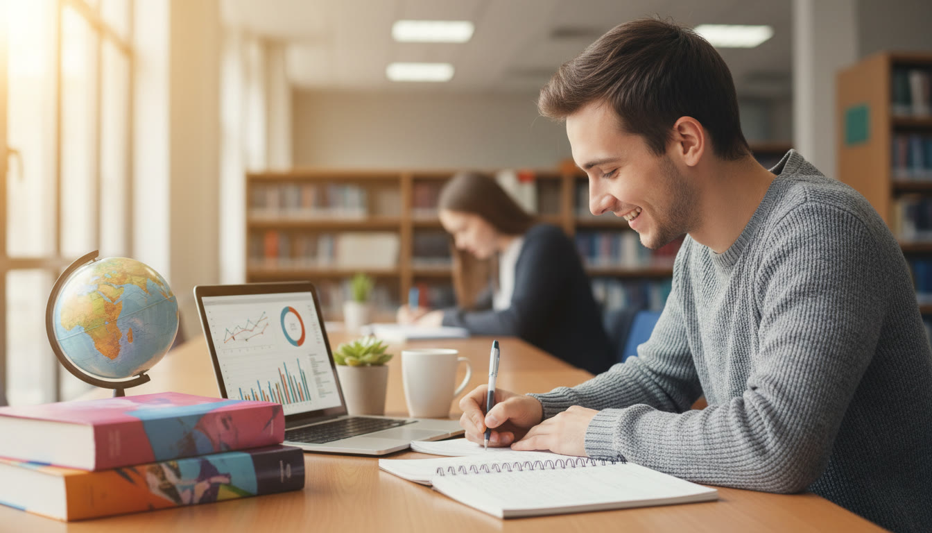 Photo Idea : A student writing a policy brief at a desk with textbooks and a laptop