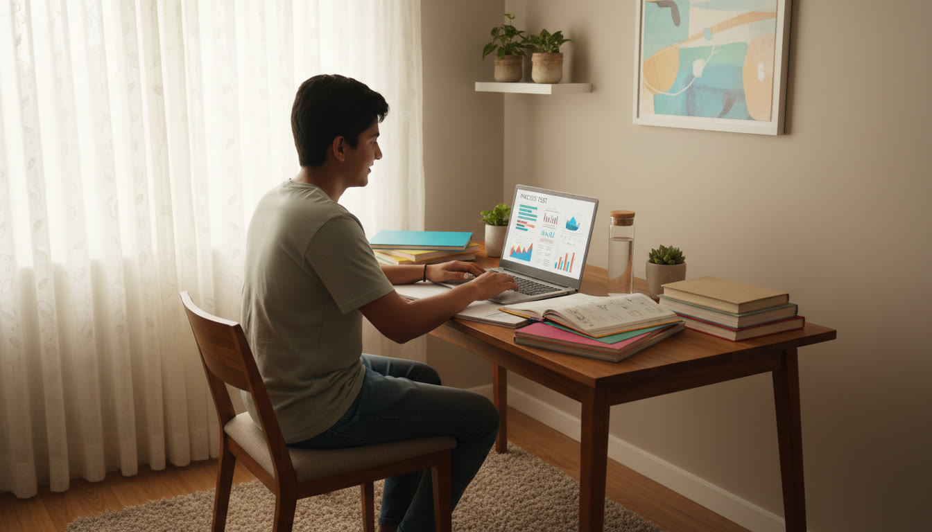 Photo Idea : focused student at a tidy desk doing a timed NEET mock test on a laptop with notes and a water bottle
