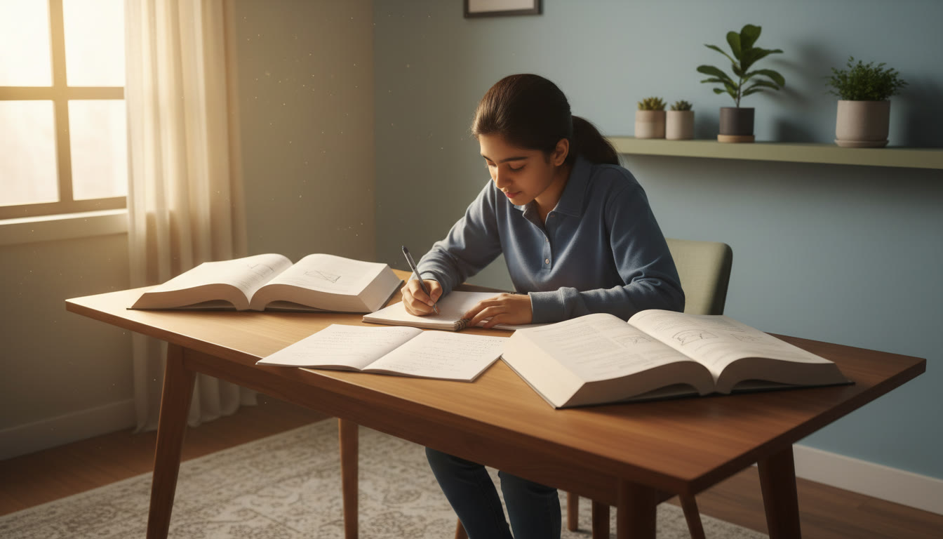 Photo Idea : A focused student writing notes at a desk with physics and math textbooks open, morning light streaming in