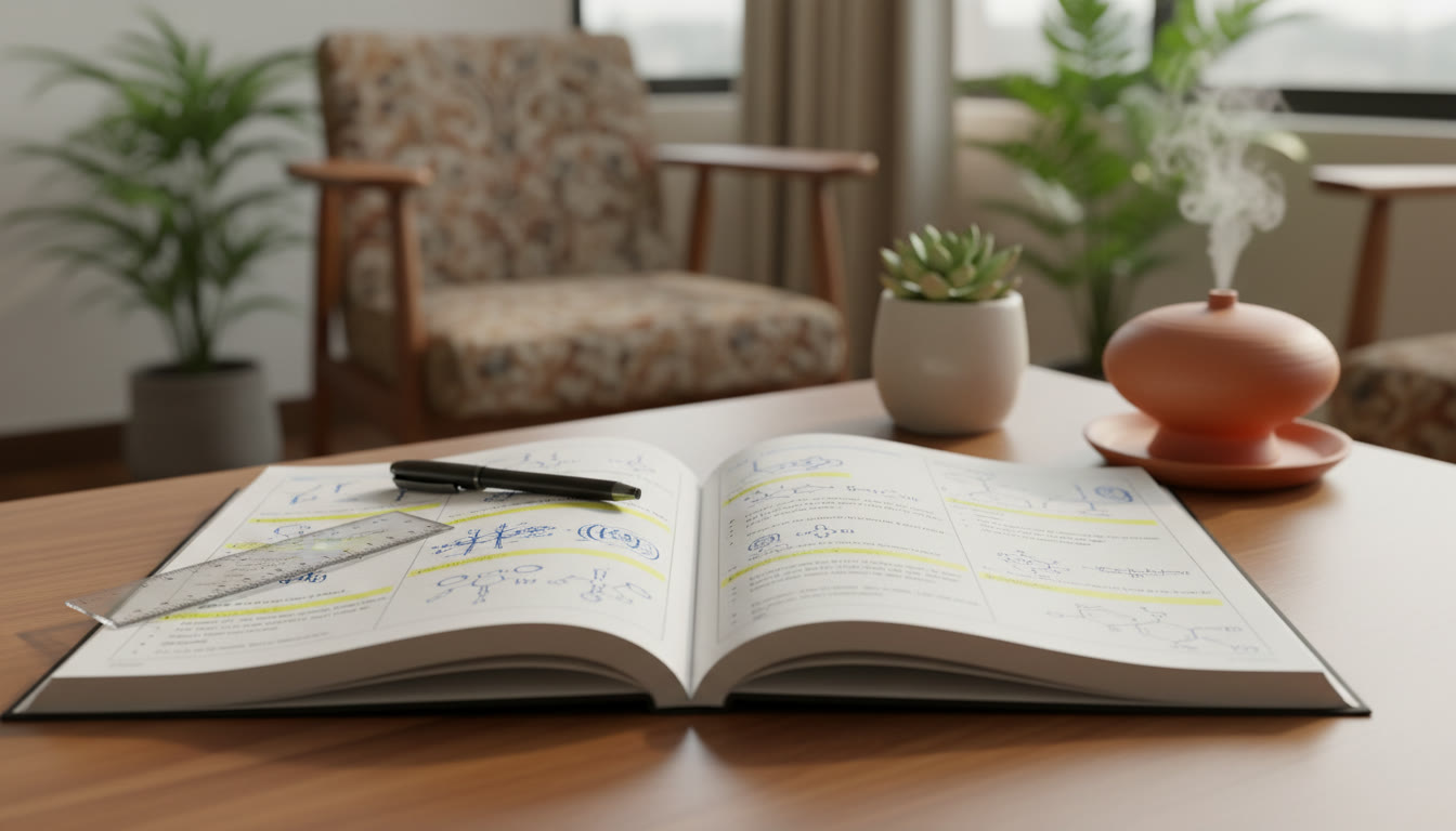 Photo Idea : Close-up of a neat answer book with labelled diagrams, highlighted points, and a ruler and pen on the desk