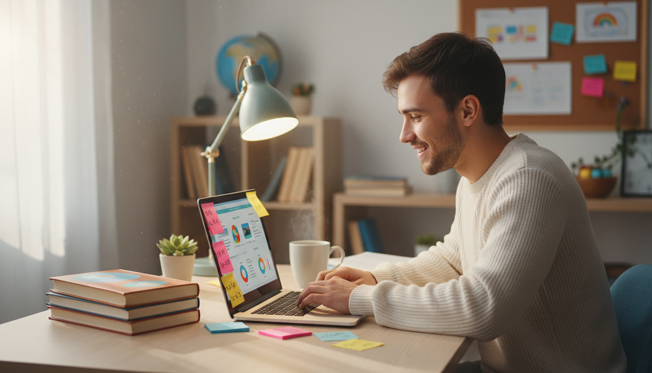 Photo Idea : A focused student working at a desk with IB textbooks, a laptop open to application notes, and sticky notes with deadlines
