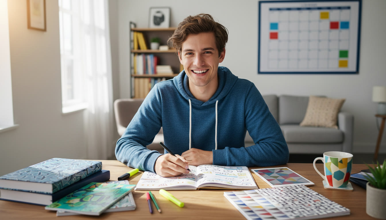 Photo Idea : Student sitting at a desk with colorful subject notes and a calendar visible