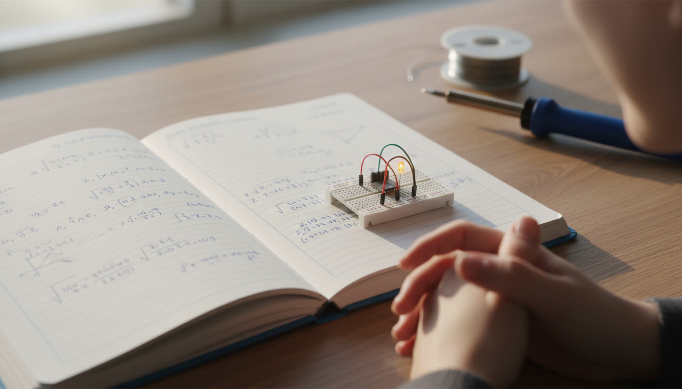 Photo Idea : Close-up of a student’s lab notebook showing calculations and a small electronic circuit