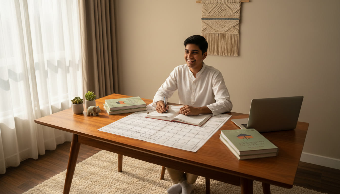 Photo Idea : Student at a desk with a neatly written study plan, textbooks laid out, morning light through a window