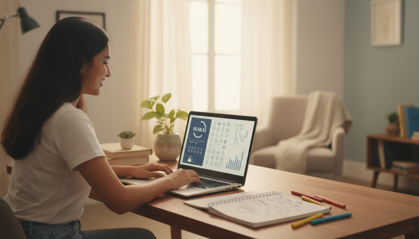 Photo Idea : A student taking a timed mock test on a laptop, visible on-screen timer and notes beside them.