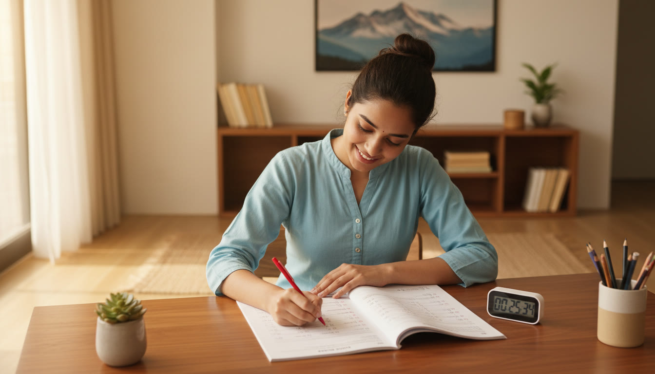 Photo Idea : A student marking a mock test paper with a red pen while a timer counts down