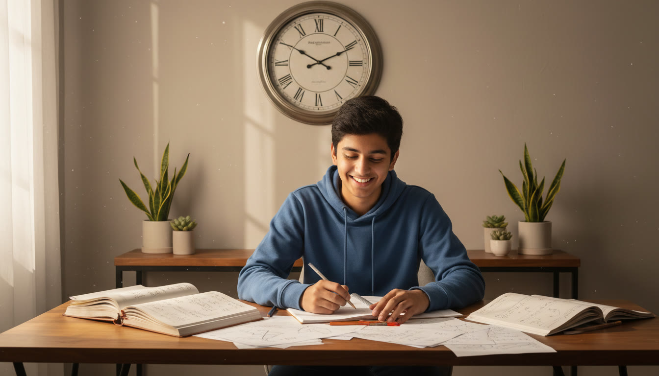 Photo Idea : a focused student surrounded by physics and math notes with a visible wall clock