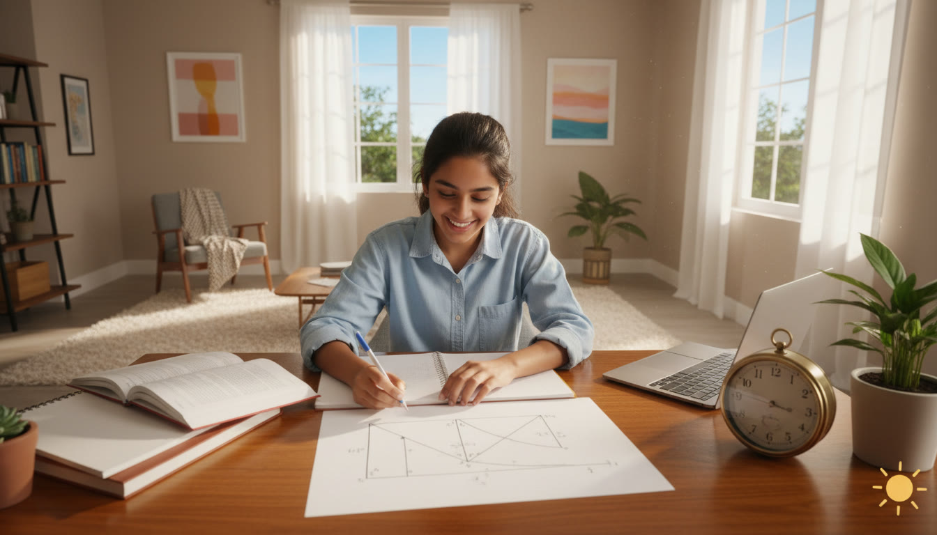 Photo Idea : A focused student at a tidy desk surrounded by notebooks, a physics diagram on paper, and a clock showing study time