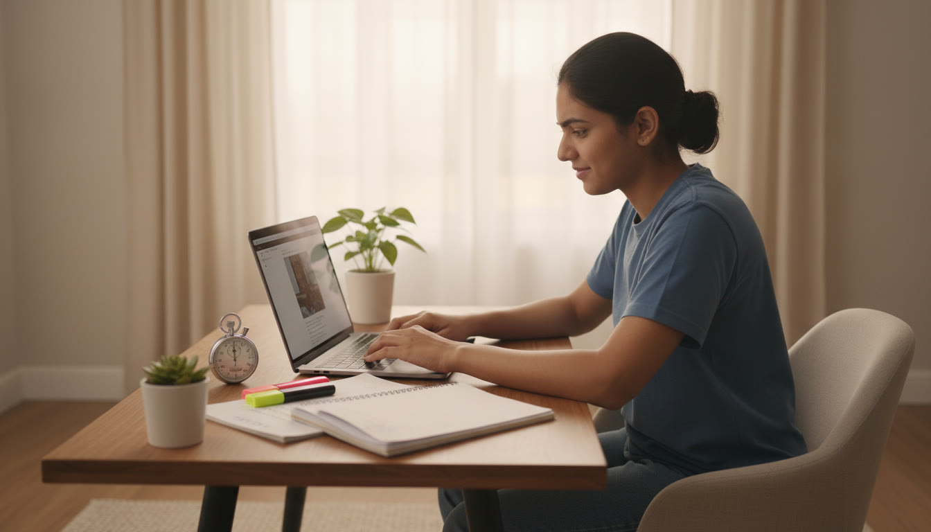 Photo Idea : A focused student at a study desk taking a timed online mock test on a laptop with revision notes and a stopwatch nearby