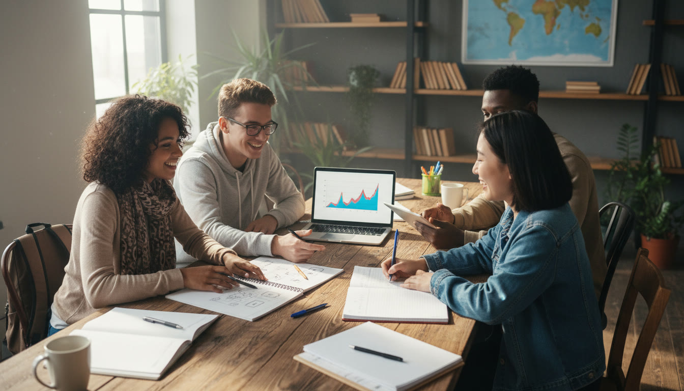 Photo Idea : Small group of students from different backgrounds collaborating at a wooden table with notebooks and a laptop