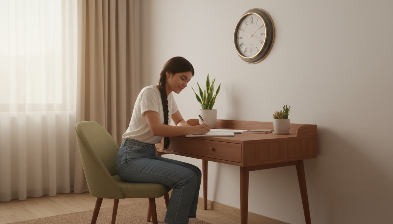 Photo Idea : A focused student at a tidy desk writing answers in a timed mock test with a clock nearby