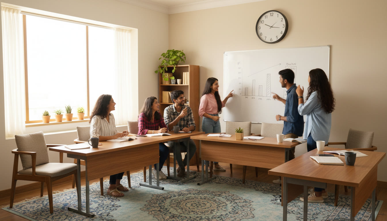 Photo Idea : Group of students analyzing a mock test result on a whiteboard with ticking clock