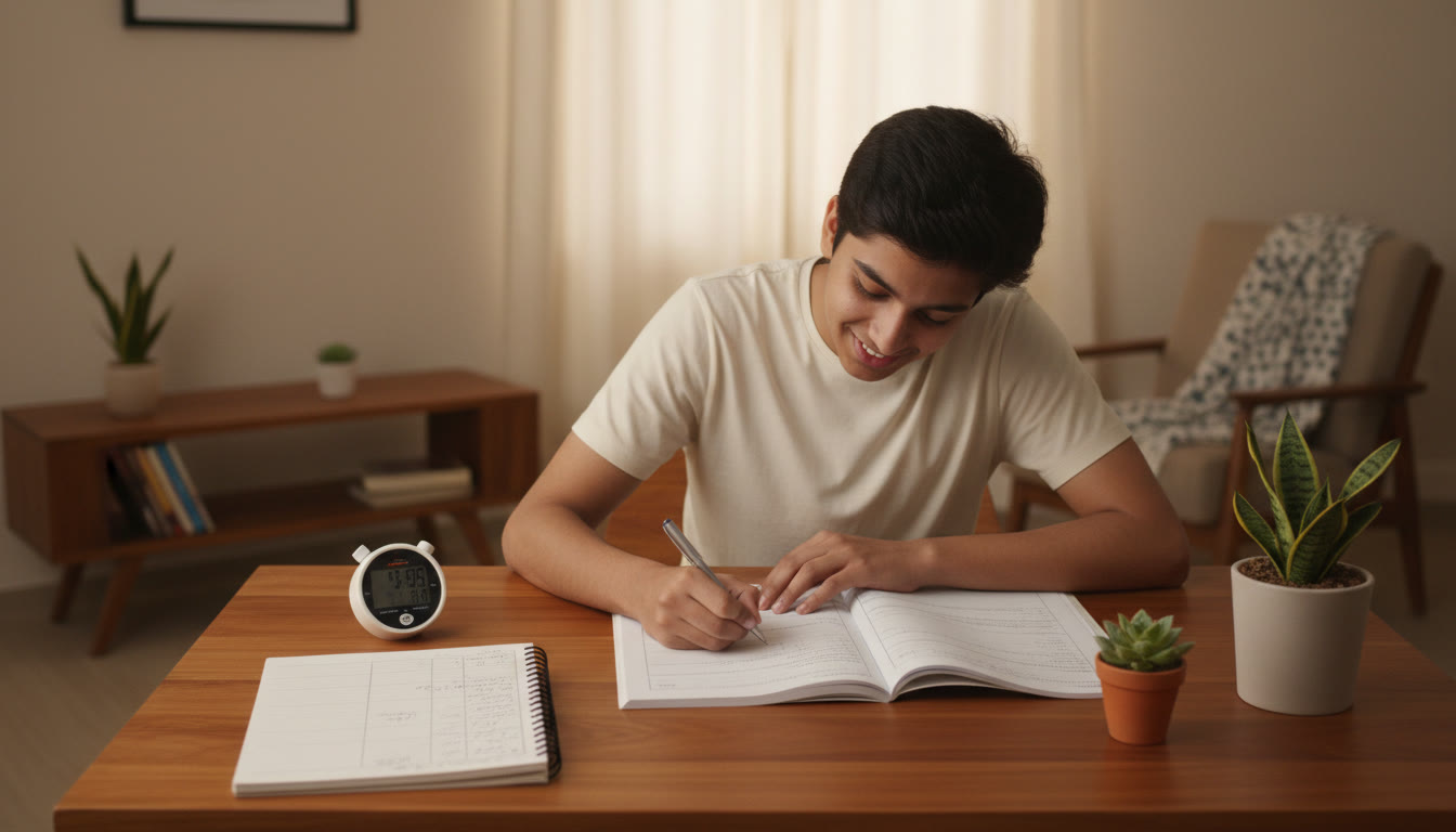 Photo Idea : A student working through a timed full-length mock test with a stopwatch and neat error log beside