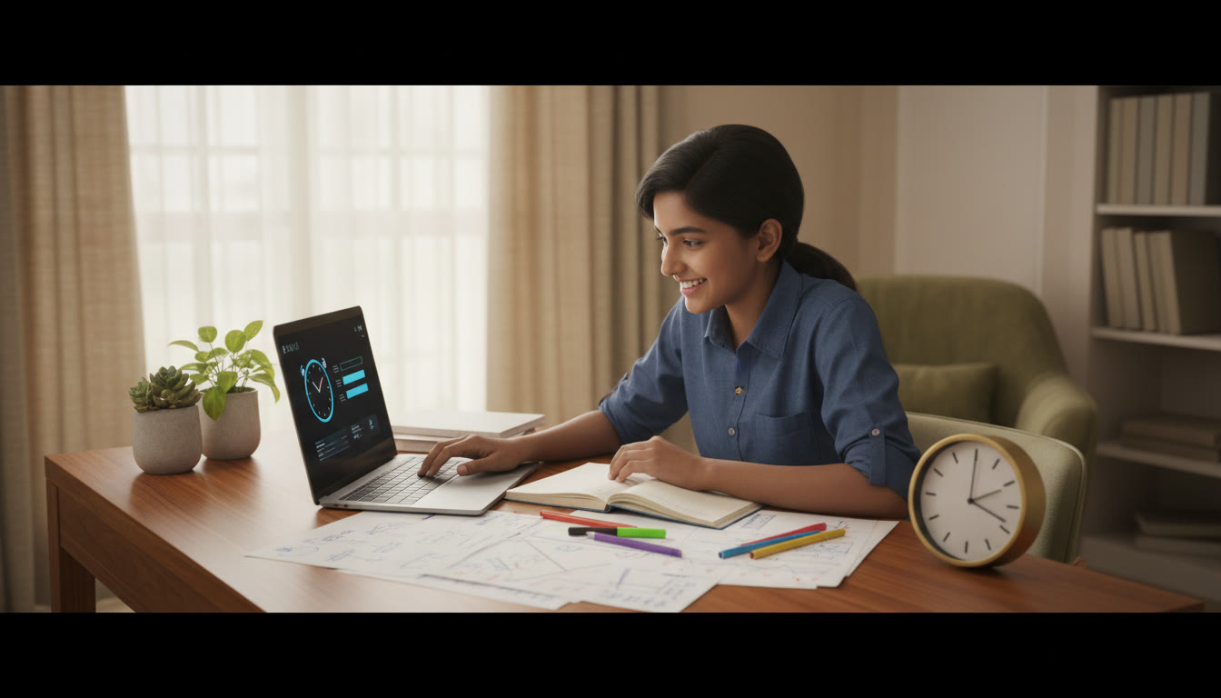 Photo Idea : A student at a desk with a laptop running a timed mock, notes spread out, and a clock showing test time