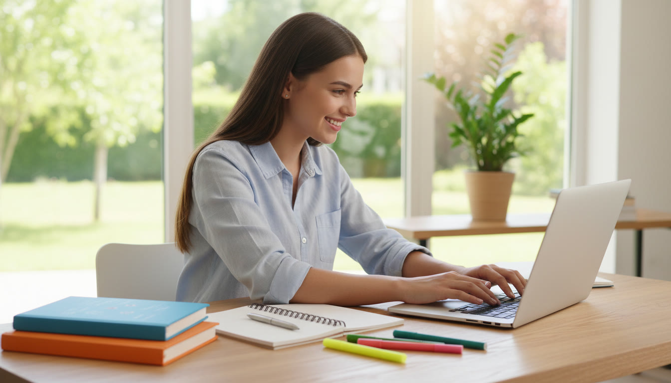Photo Idea : A student at a desk writing on a laptop with IB textbooks and a notebook open