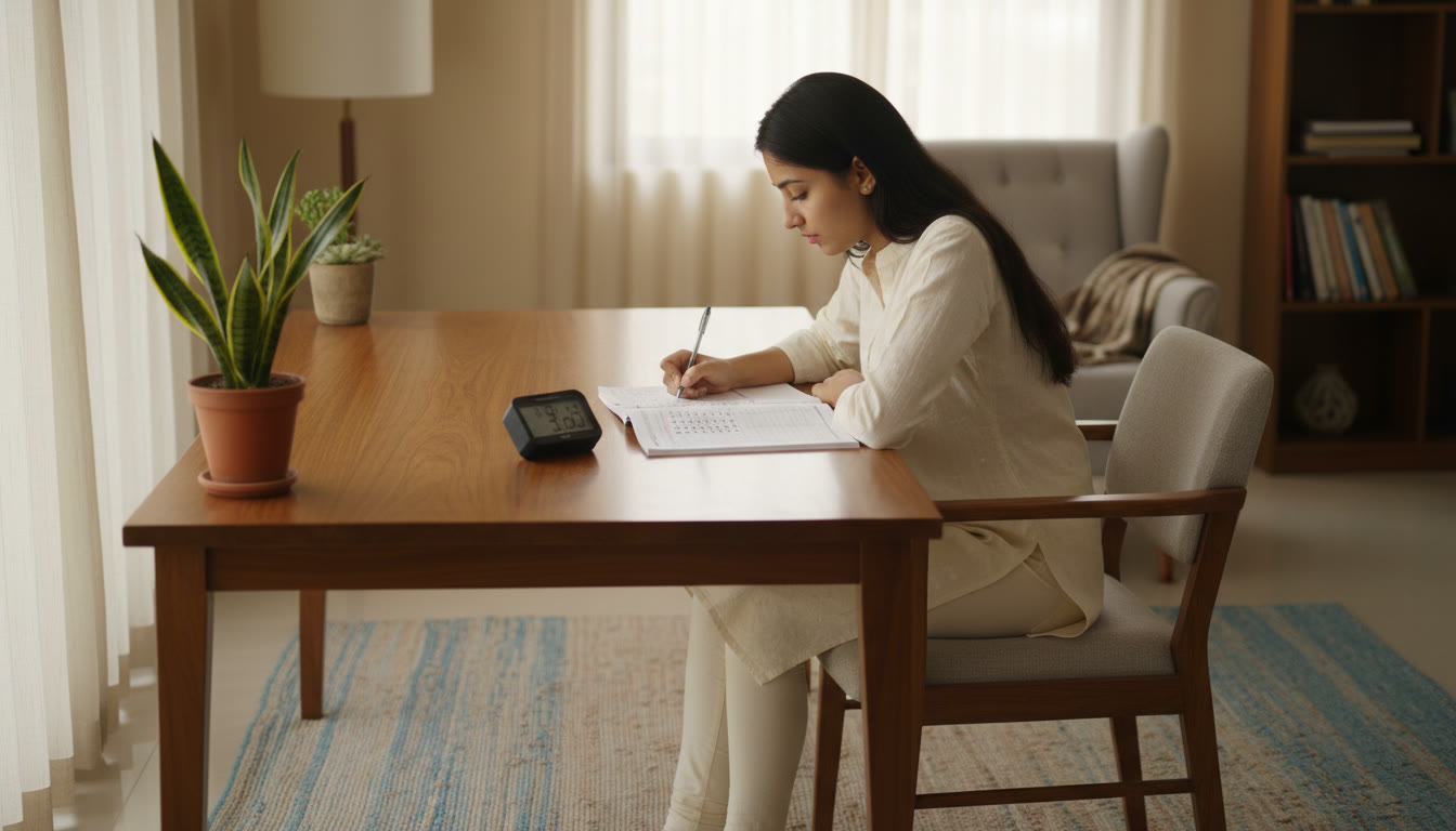 Photo Idea : A student taking a full-length mock test with a stopwatch and an OMR sheet nearby