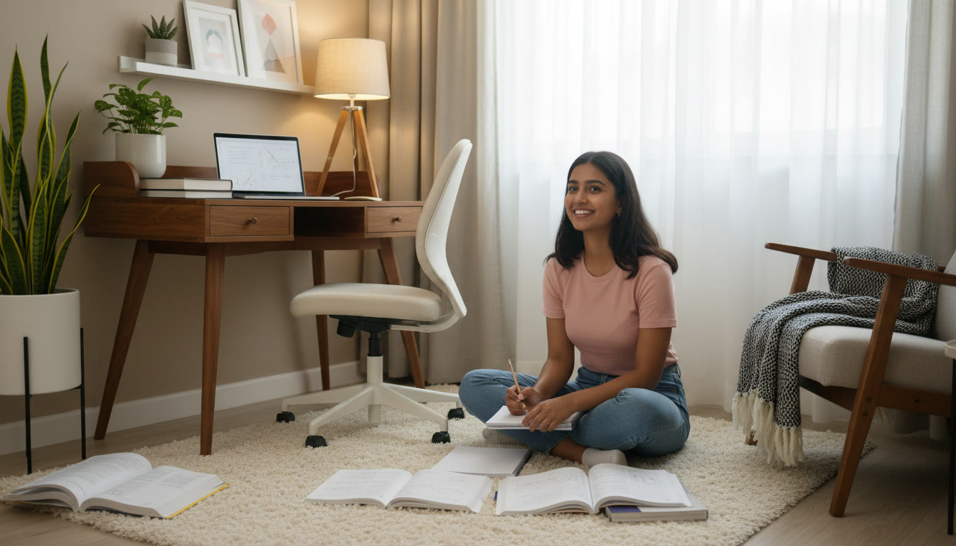 Photo Idea : Student in a cozy study corner solving physics problems with textbooks and a laptop open