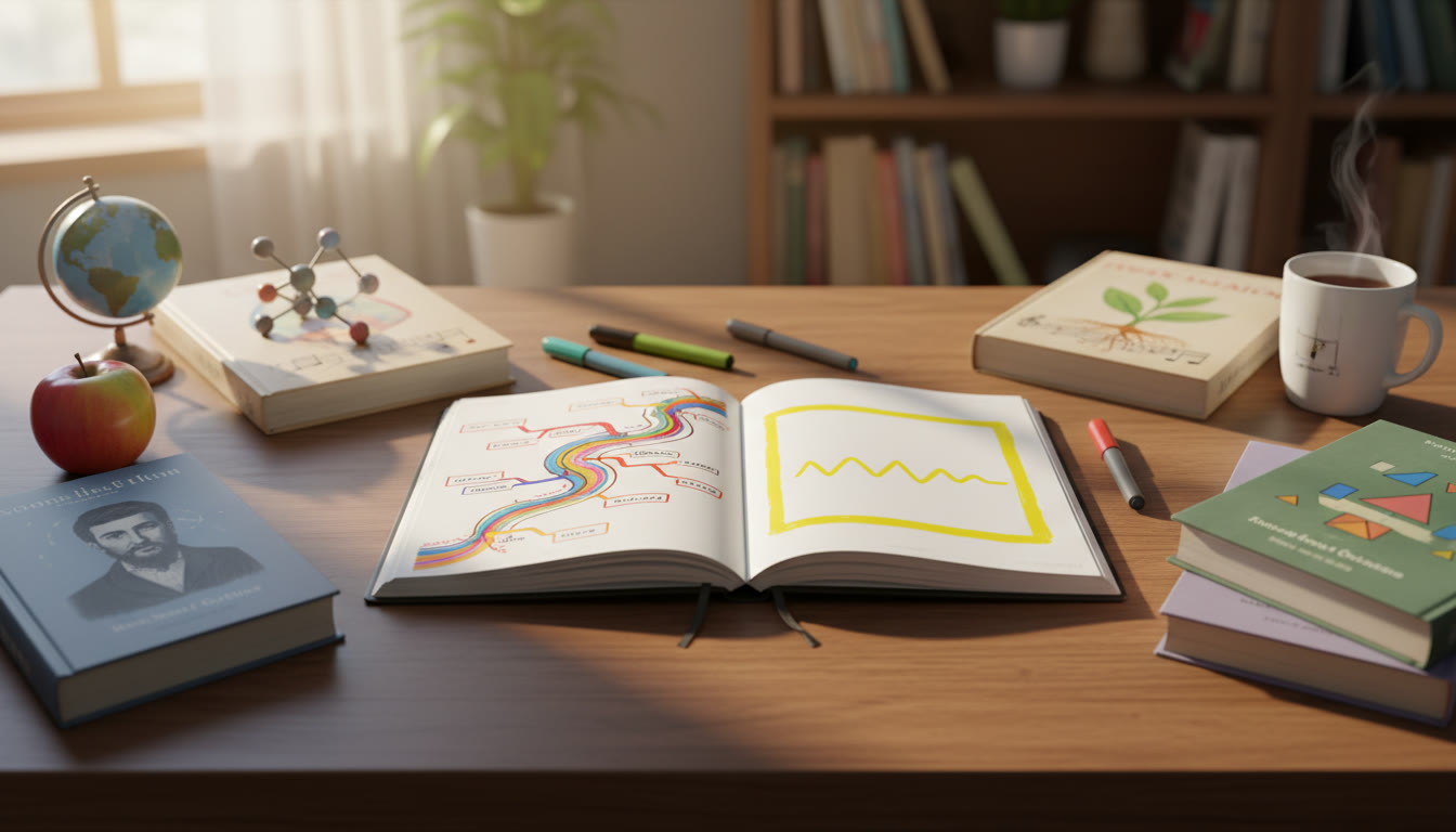 Photo Idea : Open notebook with a timeline and a highlighted research question, surrounded by subject books