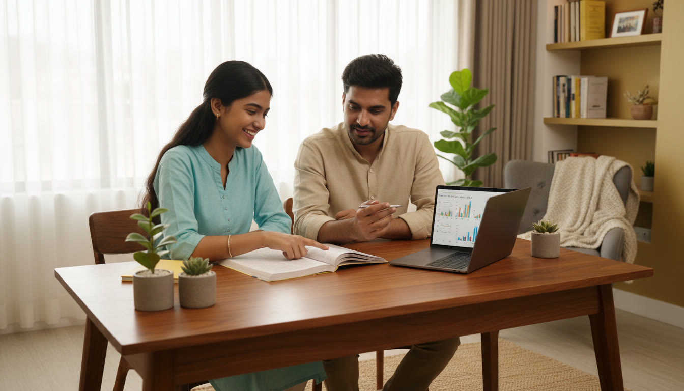 Photo Idea : A calm study desk with an ISC student and a tutor pointing at a textbook and a laptop showing a mock test.