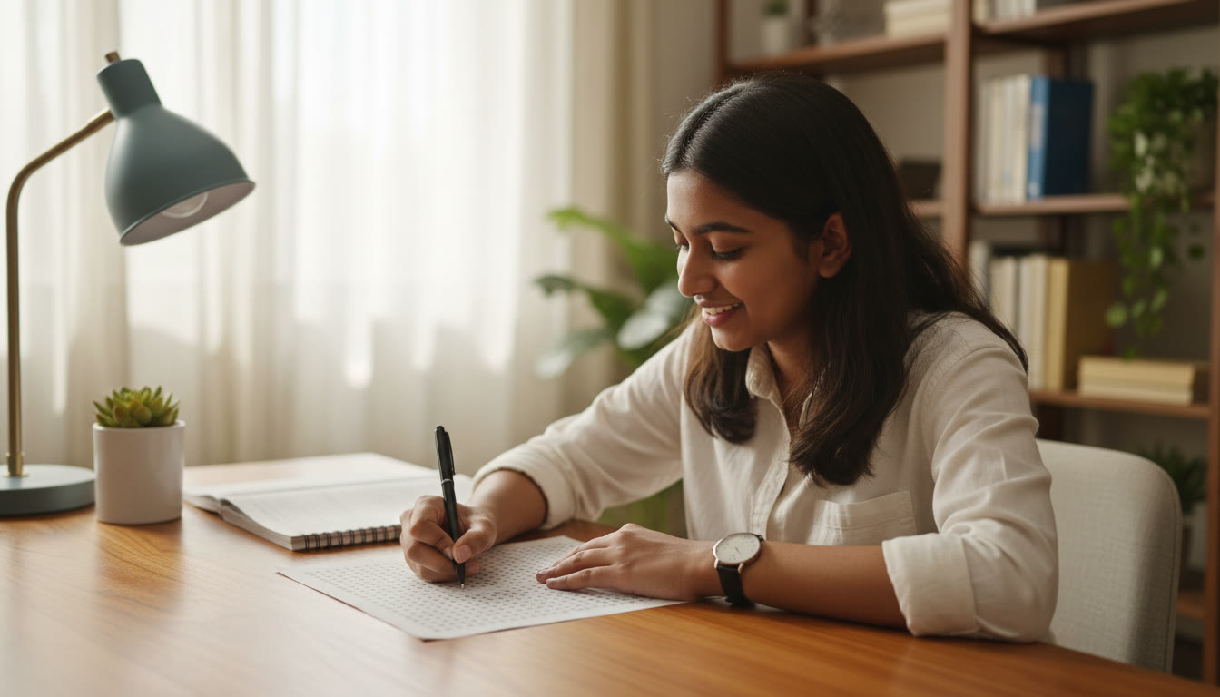 Photo Idea : A student marking an OMR sheet during a mock test, watch visible to emphasize timing