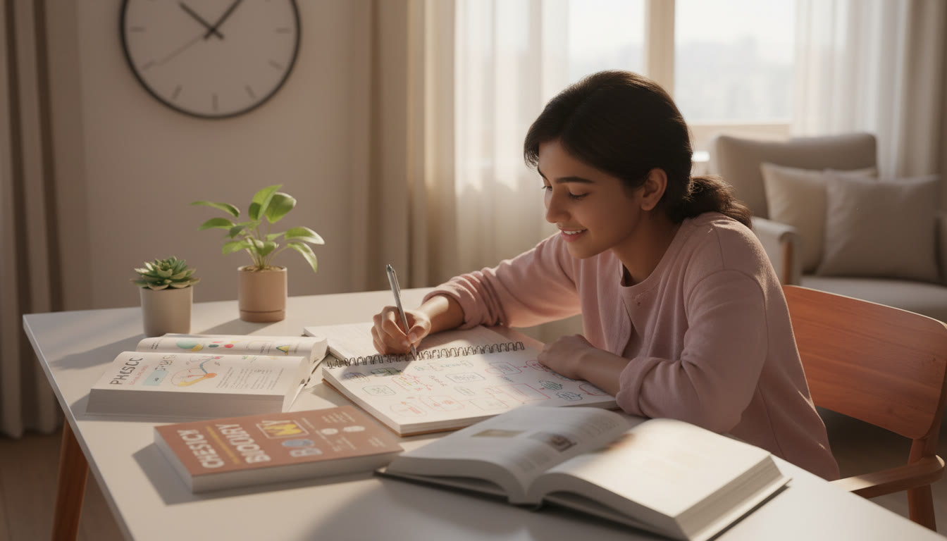 Photo Idea : A focused student at a tidy desk with open Physics, Chemistry and Biology books, a notebook with flowcharts, and a clock indicating disciplined study time