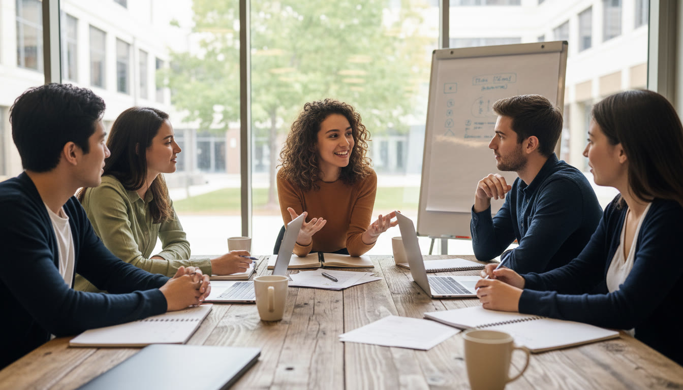 Photo Idea : Students sitting around a table, one student speaking while others listen, notebooks and laptops visible