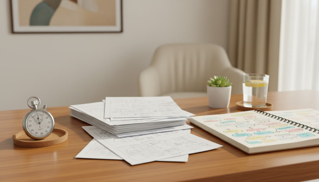 Photo Idea : Close-up of a desk with mock test printouts, a stopwatch, and a notebook with color-coded review notes.