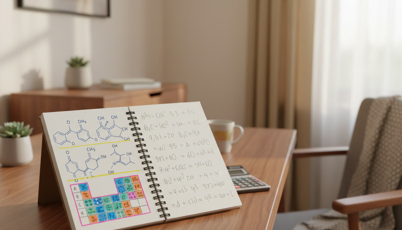 Photo Idea : close-up of a student’s notebook showing hand-drawn organic mechanisms, highlighted inorganic tables, and worked numerical calculations