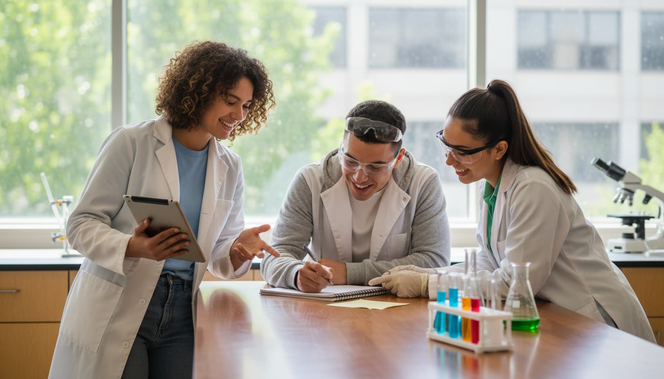 Photo Idea : a small group of IB students at a lab bench, one holding a tablet, another writing in a notebook