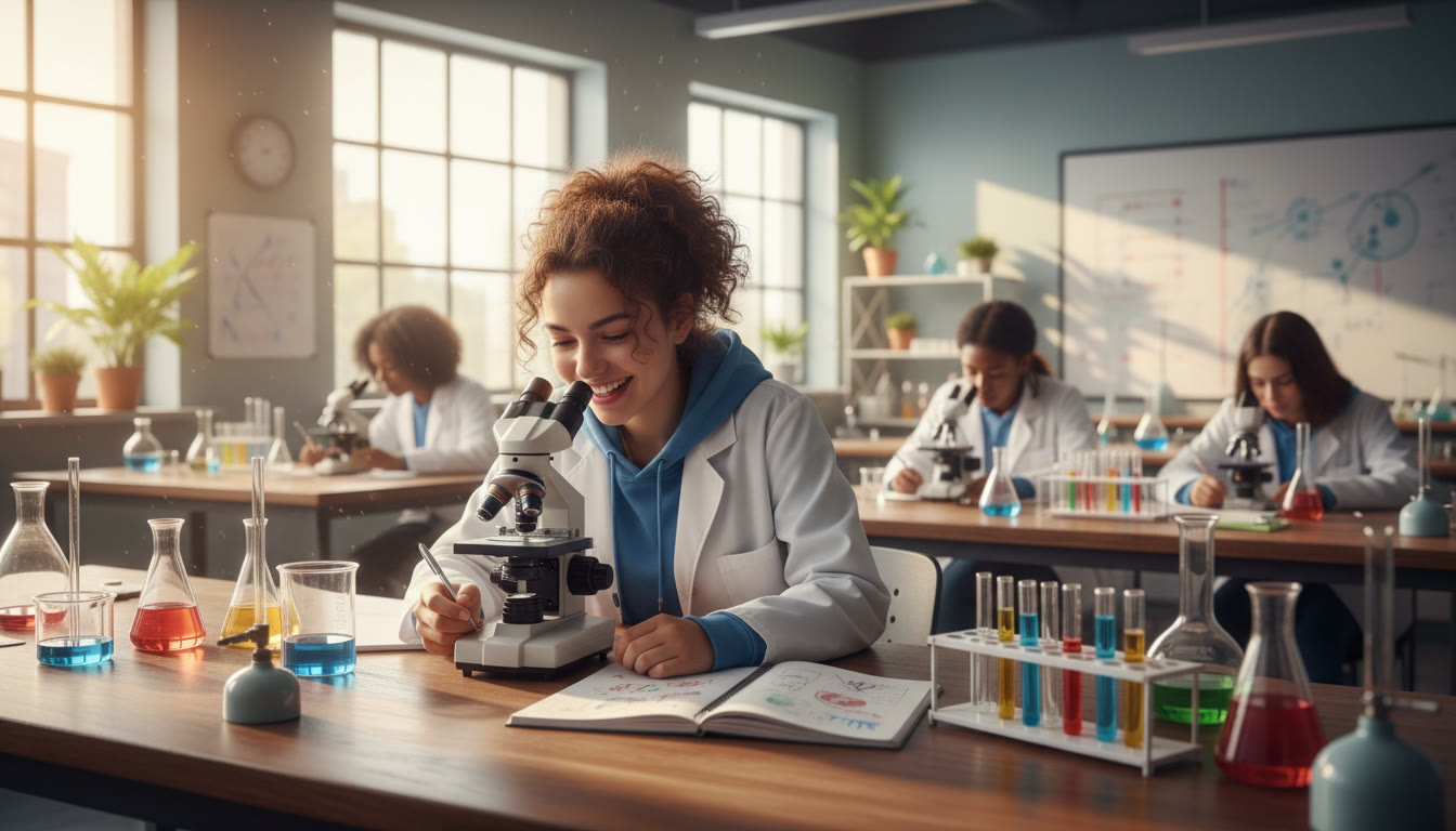 Photo Idea : A bright laboratory scene with a student peering through a microscope while taking notes