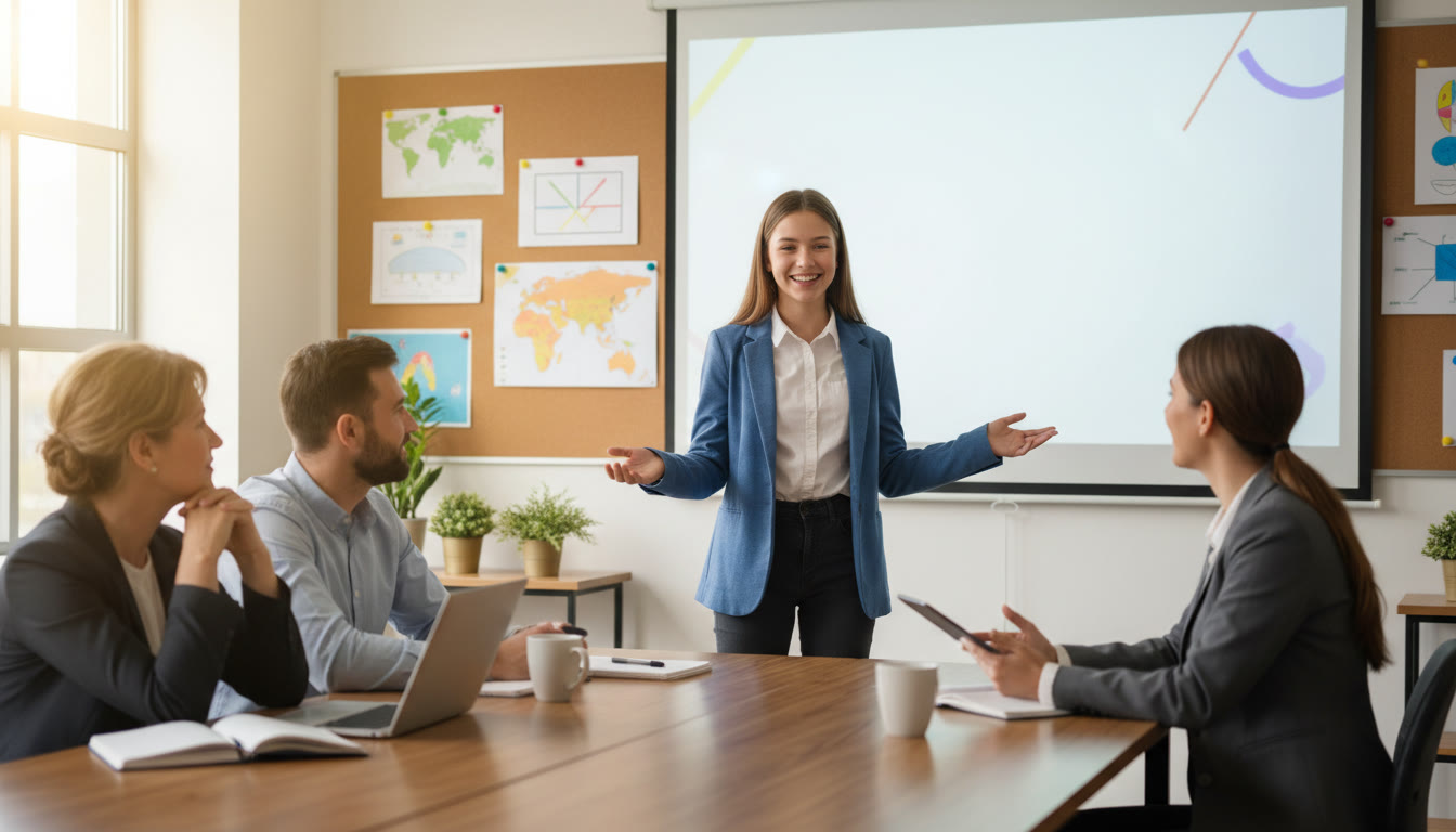 Photo Idea : A student presenting a slide deck to two teachers and an industry mentor in a classroom setting