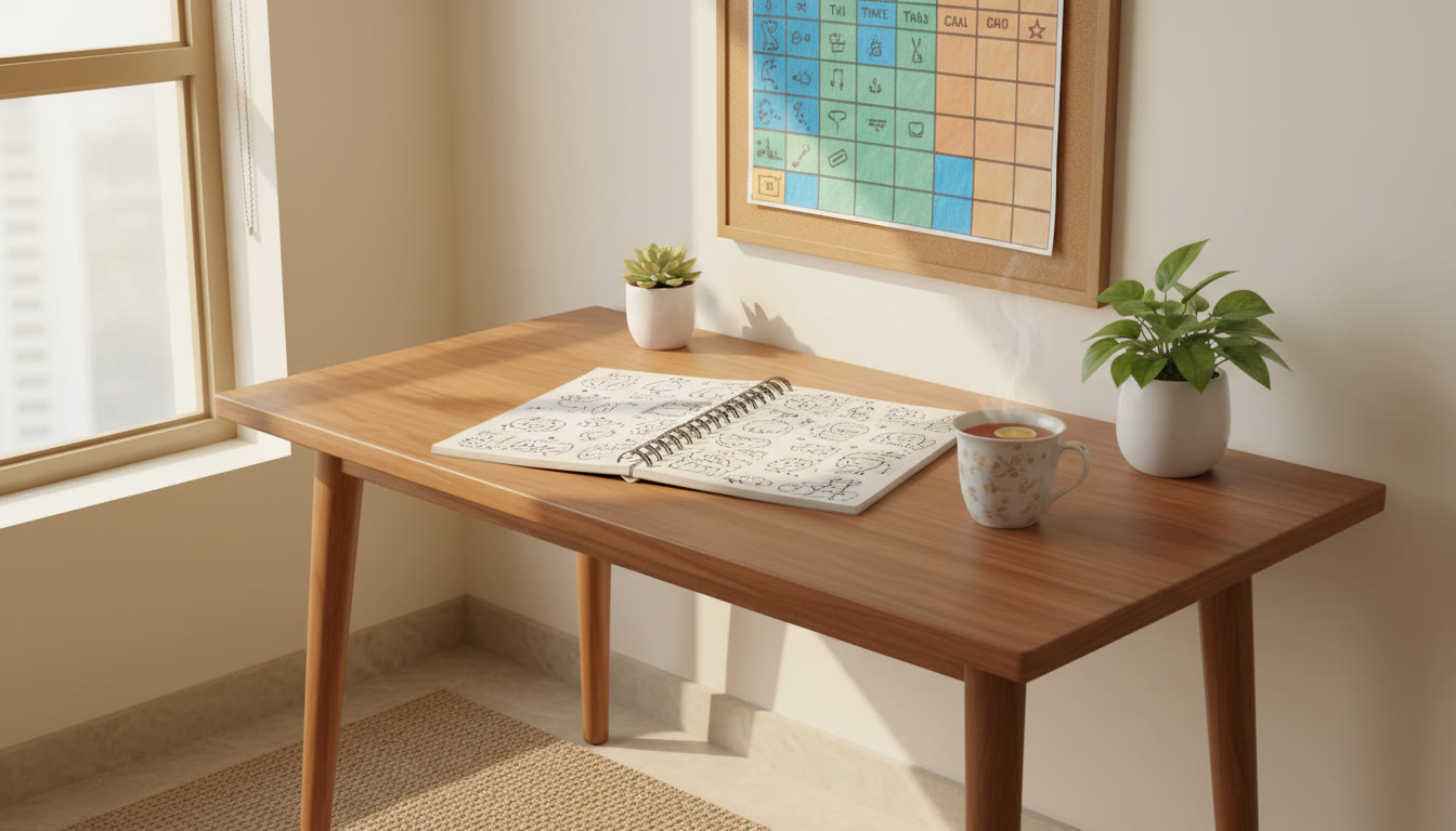 Photo Idea : A calm study desk with a colorful handwritten timetable, open notebook, and a cup of tea