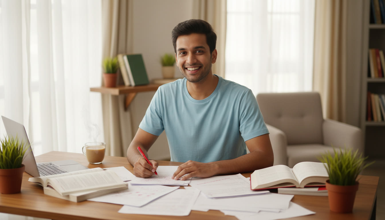 Photo Idea : Student analyzing mock test paper with red pen and notes