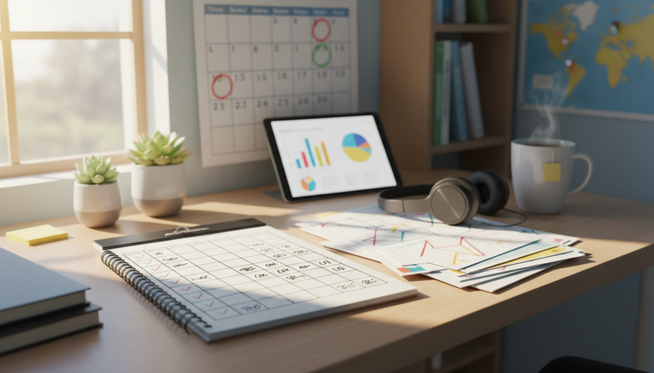 Photo Idea : A neat desk with a checklist, IB documents, and a calendar showing deadlines