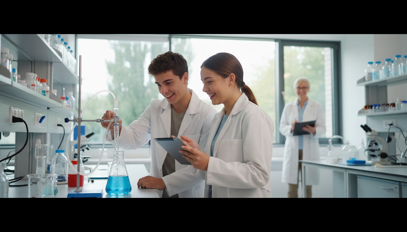Photo Idea : Two students in a science lab discussing an experiment with a supervisor in the background