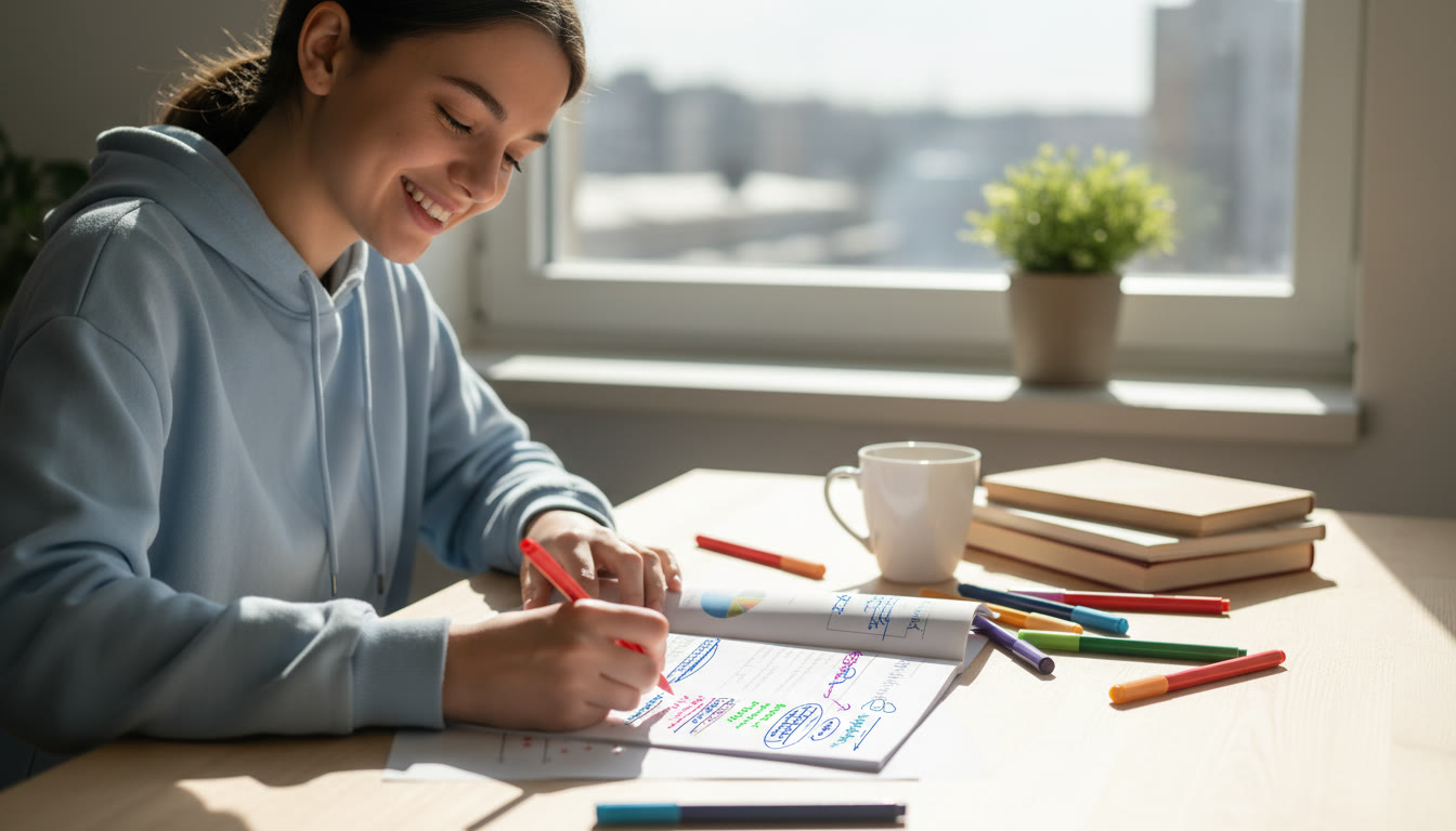 Photo Idea : IB student annotating a printed IA draft with colored pens and margin notes