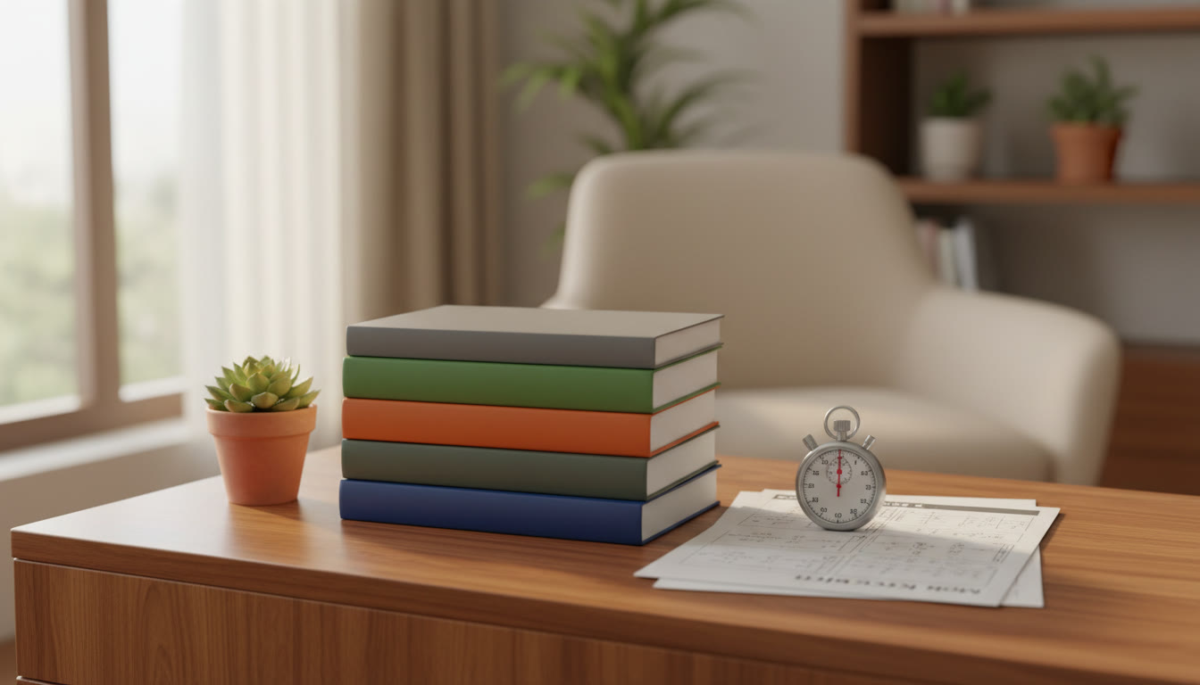 Photo Idea : A stack of books labeled by purpose: theory, MCQs, advanced problems, and a printed mock test paper with a stopwatch