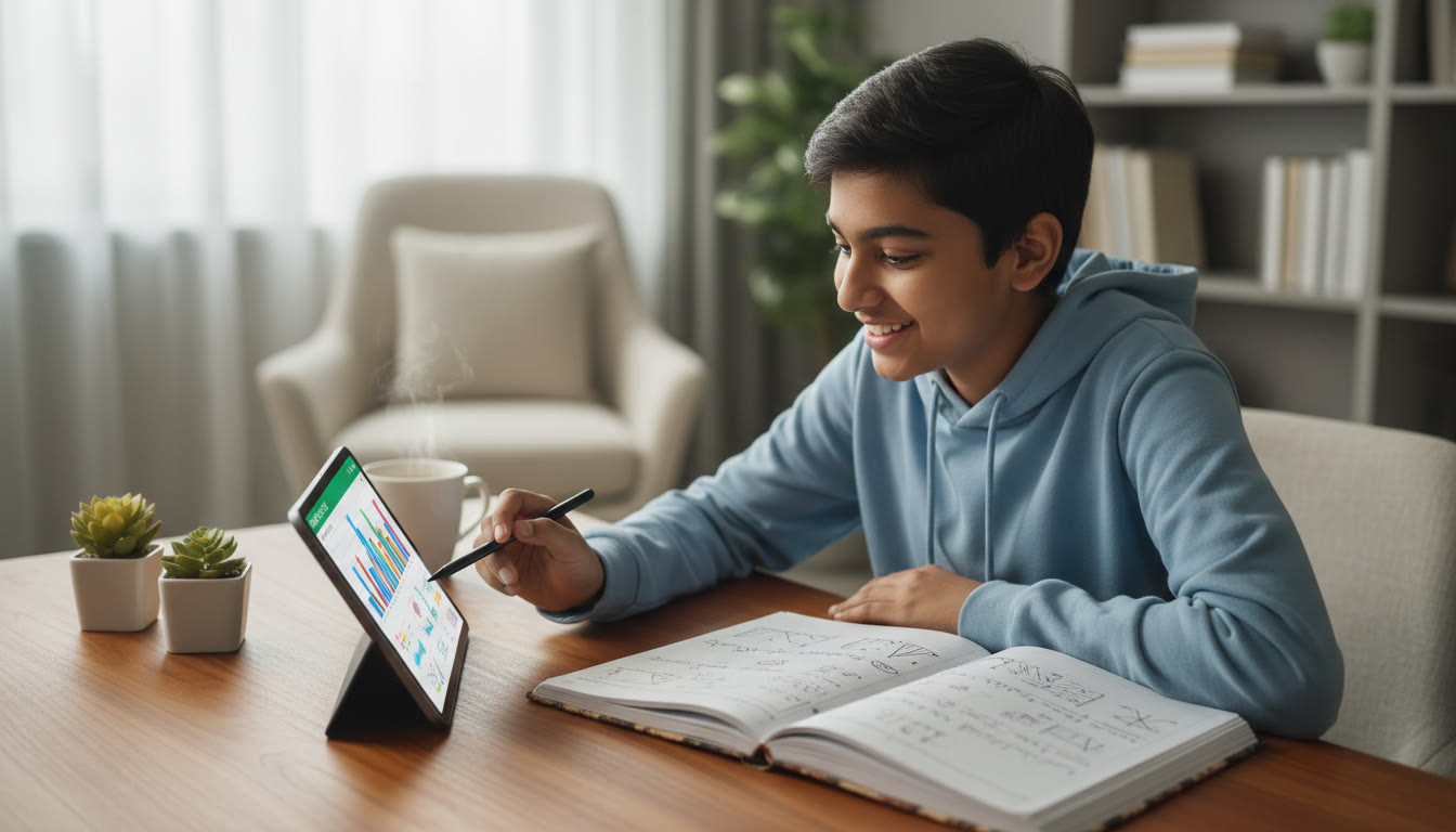 Photo Idea : [A student analyzing a mock test scorecard on a tablet with a notebook of mistakes]