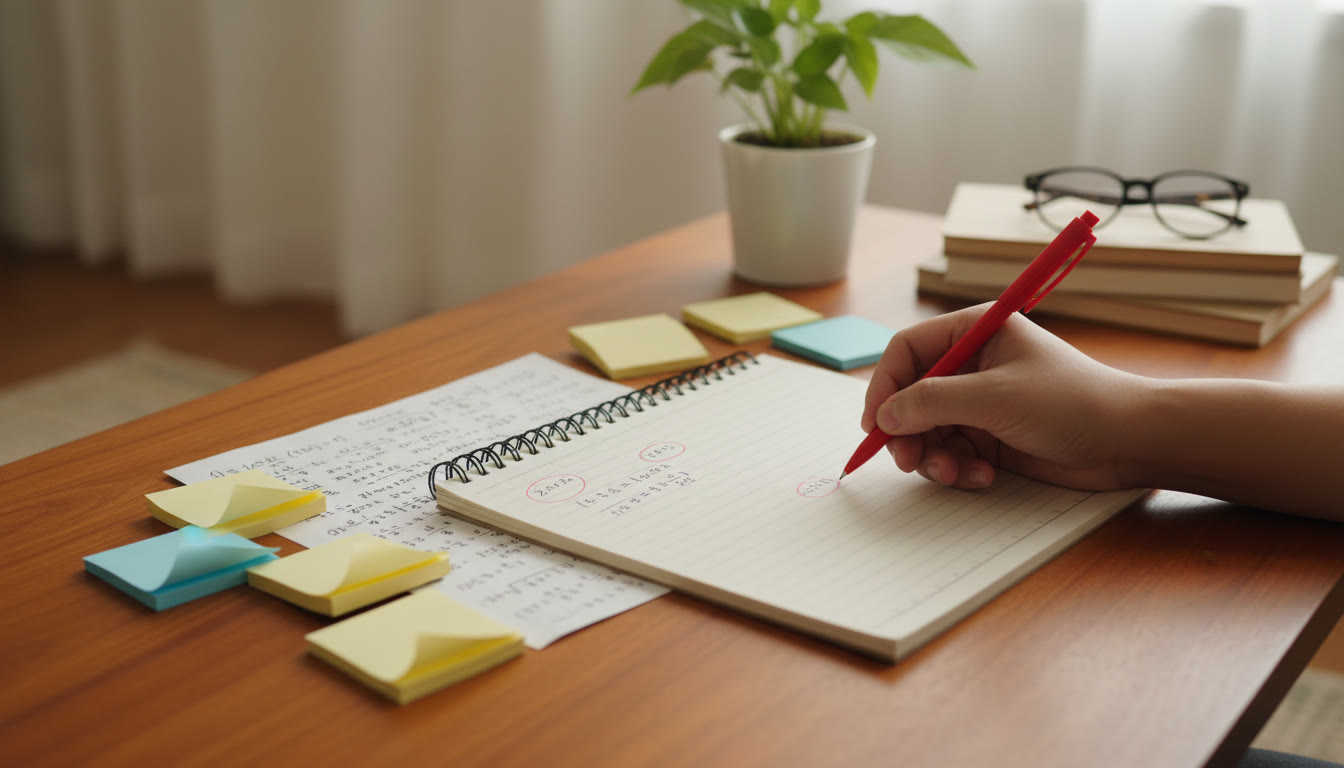 Photo Idea : Close-up of a hand circling mistakes in a notebook, color-coded sticky notes and formula sheet nearby