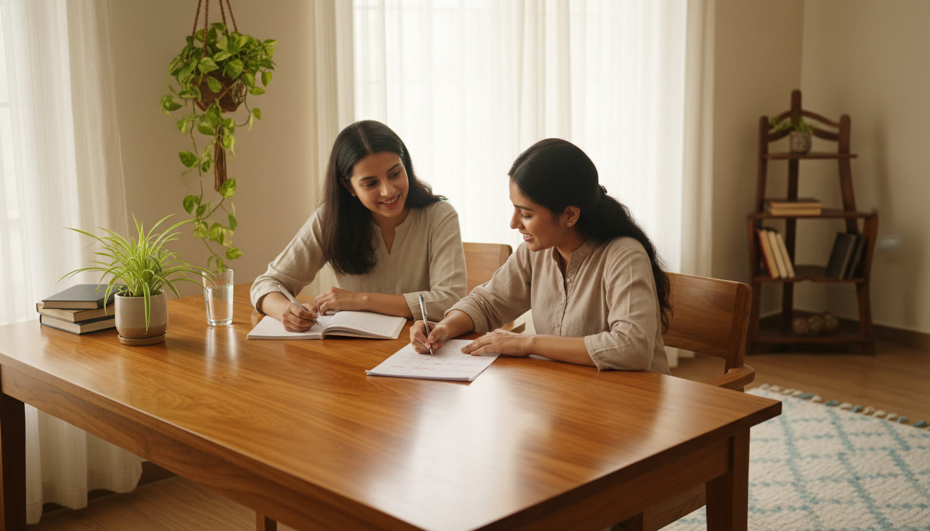 Photo Idea : A student reviewing a marked sample paper with a tutor or peer and taking notes