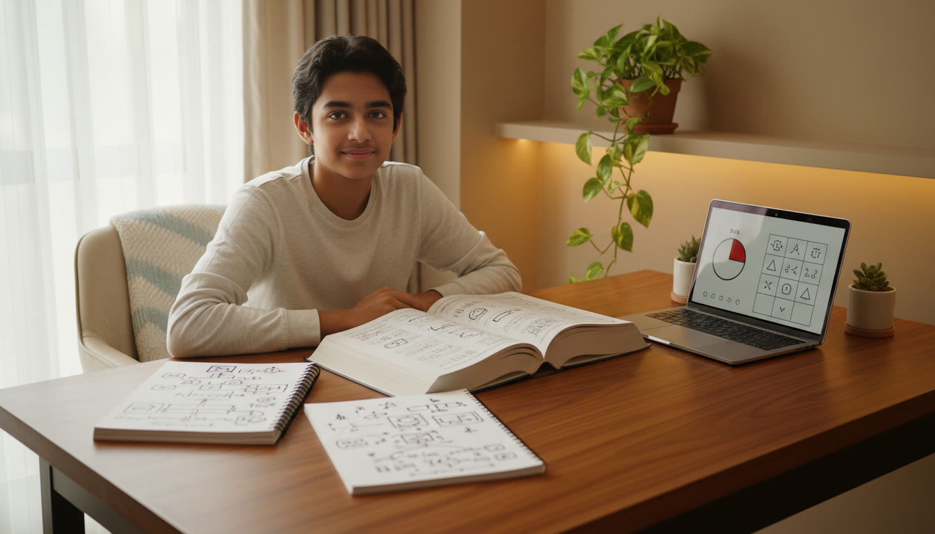 Photo Idea : A focused student at a tidy desk with open advanced JEE books, a laptop showing a timed mock test, and a notebook with problem-solving notes